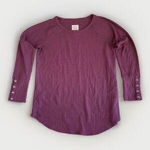 Chaser Burgundy Waffle Knit Sweater LARGE Button Sleeves Top Tunic Round Neck